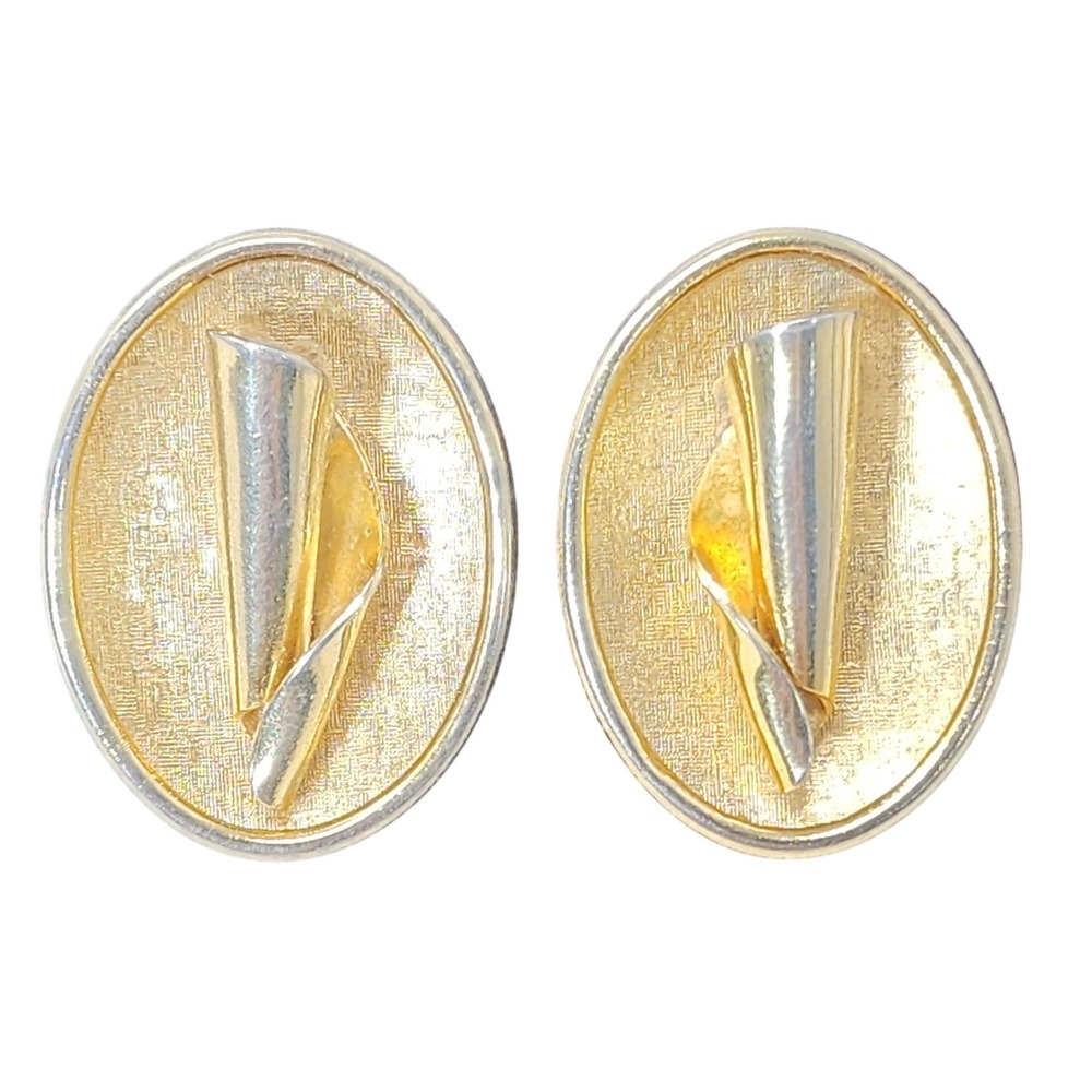 Vintage Sarah Coventry Gold Tone Oval Clip On Earrings Two Tone Modernist Signed